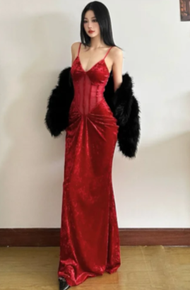 Formal Mermaid Spaghetti Straps Burgundy Velvet Long Prom Dress, Evening Dress C6914