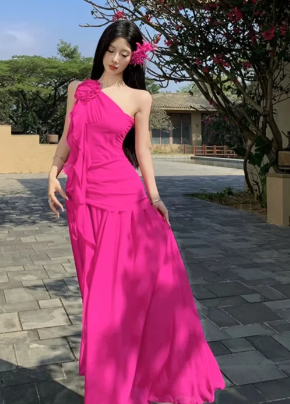 Formal Mermaid Hot Pink One Shoulder Chiffon Long Prom Dress, Evening Dress C6916