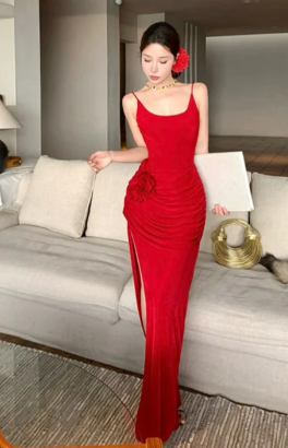Red Mermaid Spaghetti Straps Satin Slit Long Prom Dress, Evening Dress C6921