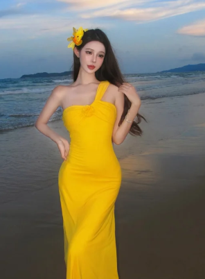 Yellow Mermaid One Shoulder Satin Long Prom Dress, Evening Dress C6922