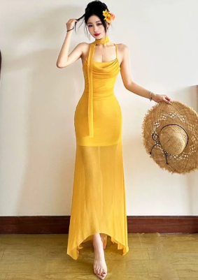 Yellow Mermaid Spaghetti Straps Chiffon Long Prom Dress, Evening Dress C6924