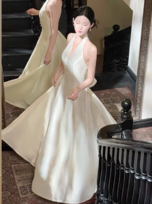 Pretty Halter A Line Satin Long Prom Dress, Evening Dress C6926