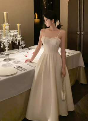 Princess Spaghetti Straps A Line Satin Long Prom Dress, Evening Dress C6928