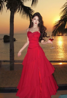 Obsessed Spaghetti Straps A Line Red Satin Long Prom Dress, Evening Dress C6937