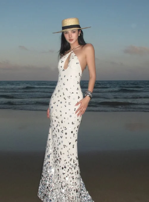 Unique Mermaid Halter Satin Sequin Long Prom Dress, Evening Dress C6942
