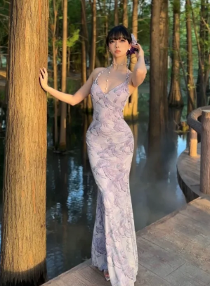 Unique Mermaid Halter Satin Lace Long Prom Dress, Evening Dress C6943