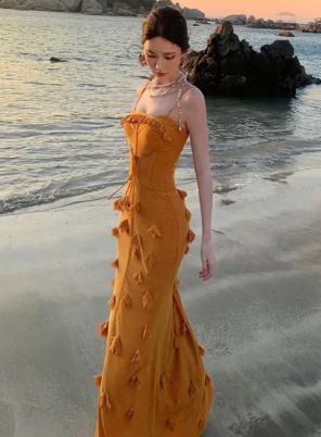 Pretty Mermaid Spaghetti Straps Velvet Applique Long Prom Dress, Evening Dress C6945