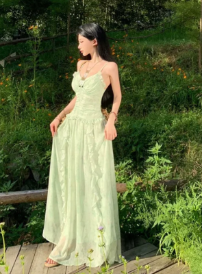 Elegant A Line Spaghetti Straps Ruffle Chiffon Long Prom Dress, Evening Dress C6949