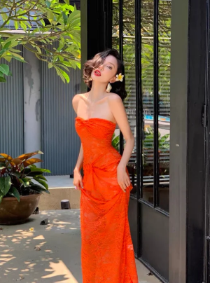 Chic Mermaid Strapless Orange Lace Long Prom Dress, Evening Dress C6954