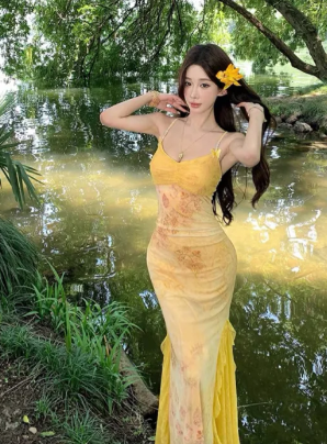 Unique Mermaid Spaghetti Straps Chiffon Long Prom Dress, Evening Dress C6957