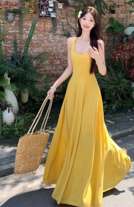 Unique A Line Pastel Yellow U Neck Satin Long Prom Dress, Evening Dress C6959