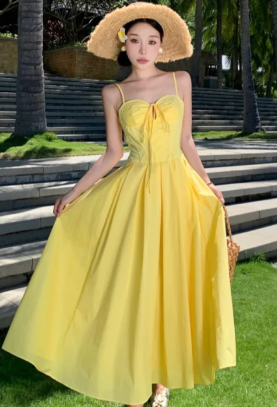 Simple A Line Spaghetti Straps Yellow Satin Long Prom Dress, Evening Dress C6962