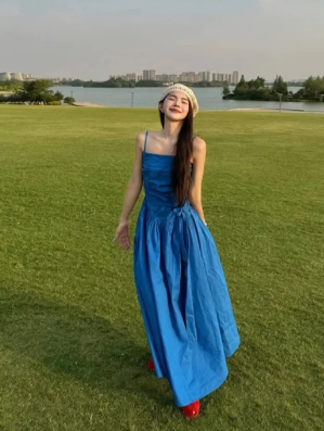 Blue Pretty A Line Spaghetti Straps Satin Long Prom Dress, Evening Dress C6965