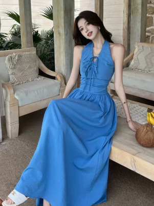 Blue Pretty A Line Halter Satin Long Prom Dress, Evening Dress C6966