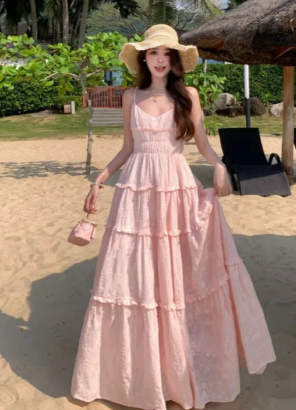 Vintage Pink A Line Spaghetti Straps Satin Long Prom Dress, Evening Dress C6972