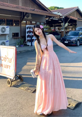 Pink A Line Spaghetti Straps Satin Long Prom Dress, Evening Dress C6976