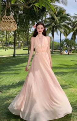 Soft Pink A Line Halter Chiffon Long Prom Dress, Evening Dress C6977