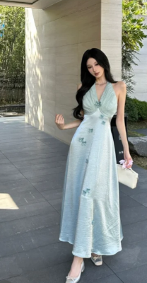 Classy A Line Halter Satin Applique Long Prom Dress, Evening Dress C6979
