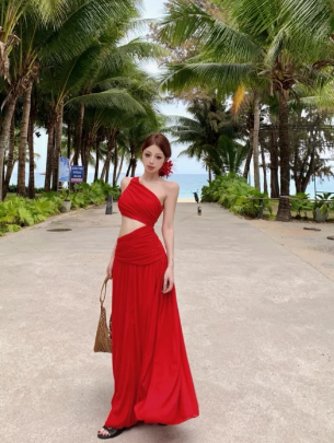 Classy Red A Line One Shoulder Chiffon Long Prom Dress, Evening Dress C6984