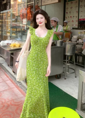Charming Mermaid U Neck Satin Floral Long Prom Dress, Evening Dress C6987