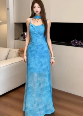 Charming A Line Spaghetti Straps Printed Satin Chiffon Long Prom Dress, Evening Dress C6991