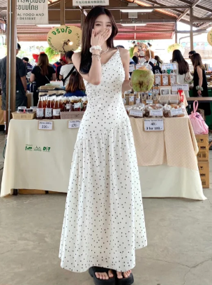 Pretty A Line Spaghetti Straps Satin Polka Dots Long Prom Dress, Evening Dress C6999