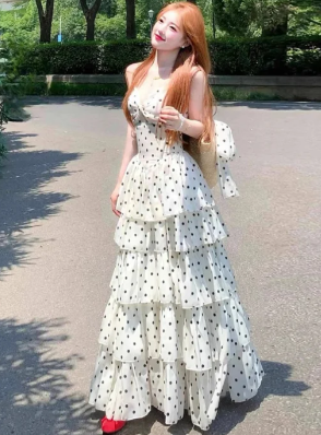 Pretty A Line Spaghetti Straps Tiered Polka Dots Chiffon Long Prom Dress, Evening Dress C7002