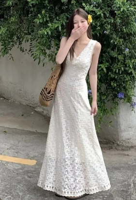 Princess A Line V Neck Lace Long Prom Dress, Evening Dress C7005