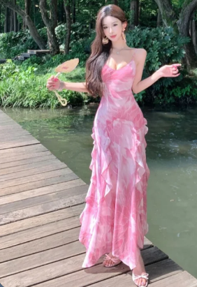 Chic A Line Spaghetti Straps Chiffon Long Prom Dress, Evening Dress C7006