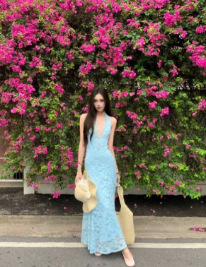 Chic Mermaid Halter Lace Long Prom Dress, Evening Dress C7007
