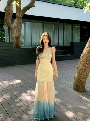 Chic Mermaid Spaghetti Straps Chiffon Applique Long Prom Dress, Evening Dress C7008