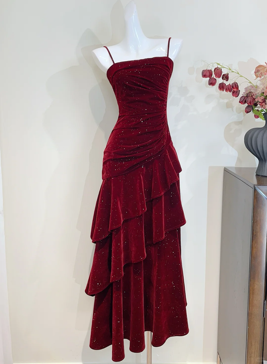 Shiny Burgundy Mermaid Spaghetti Straps Velvet Beads Long Prom Dress, Evening Dress C7009