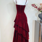 Shiny Burgundy Mermaid Spaghetti Straps Velvet Beads Long Prom Dress, Evening Dress C7009