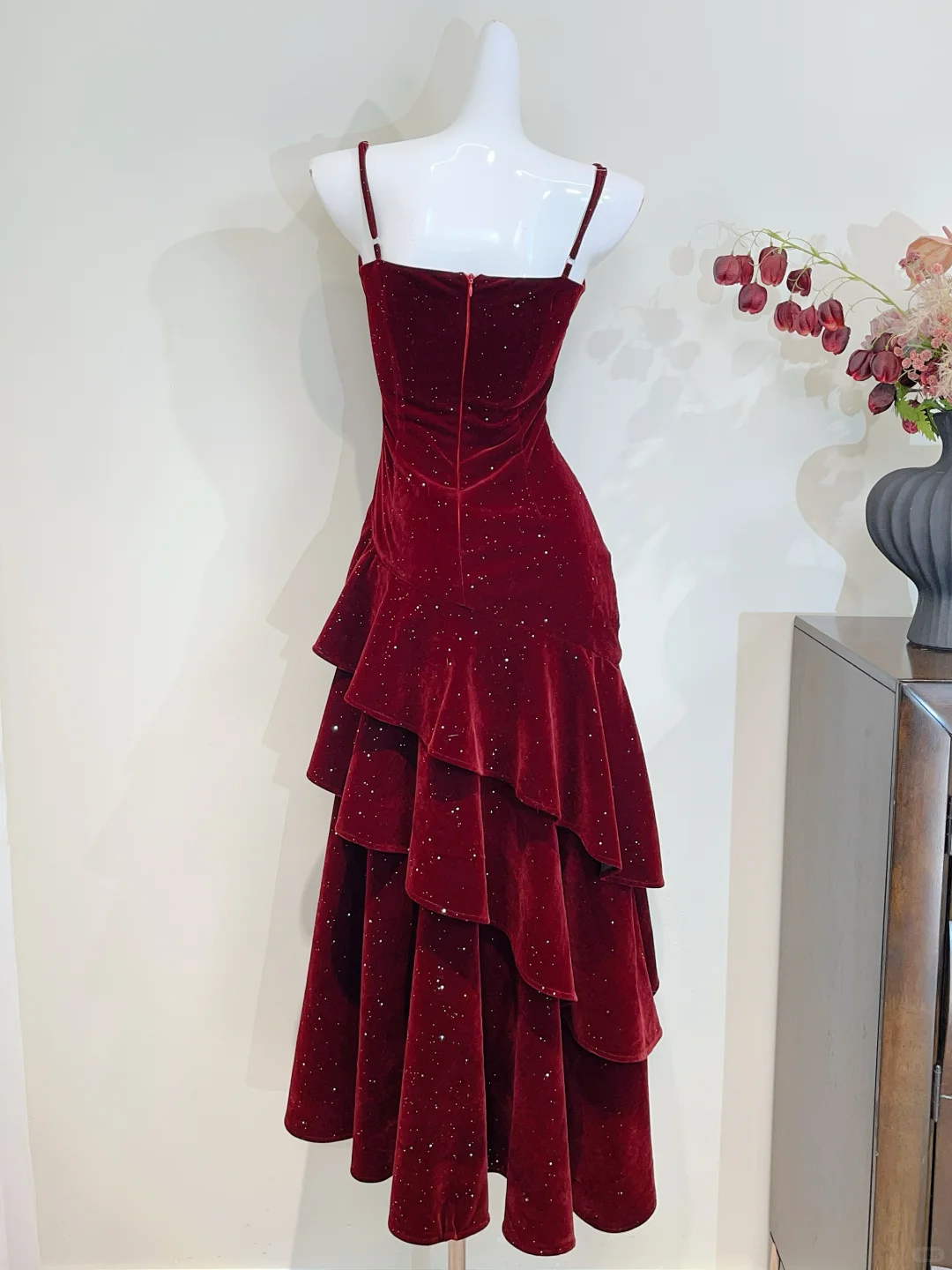 Shiny Burgundy Mermaid Spaghetti Straps Velvet Beads Long Prom Dress, Evening Dress C7009
