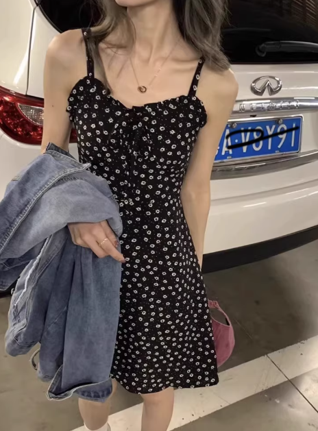 Robe nuisette noire à imprimé floral style français pour femme, nouvelle robe courte en mousseline C7011