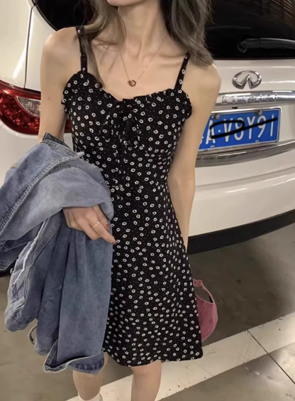 Robe nuisette noire à imprimé floral style français pour femme, nouvelle robe courte en mousseline C7011