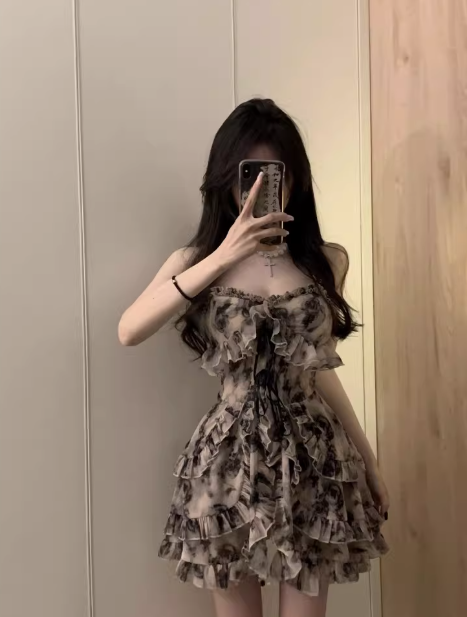 Gentle and elegant ink-wash floral print sundress, A-line, summer style Short Dress C7013