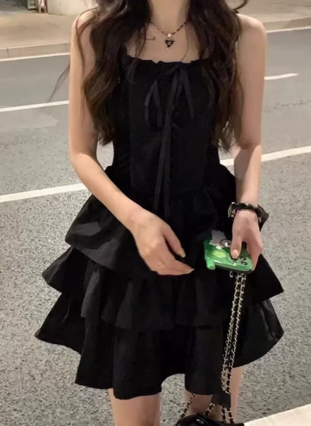 French style black slip dress,short dress C7015