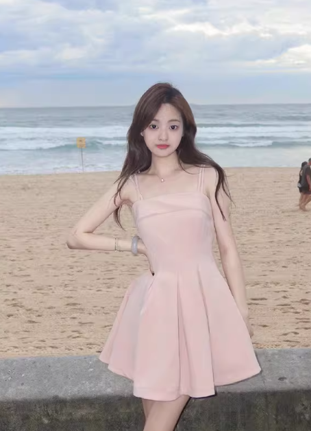 French-style pure and alluring pink suspender summer short dress C7025