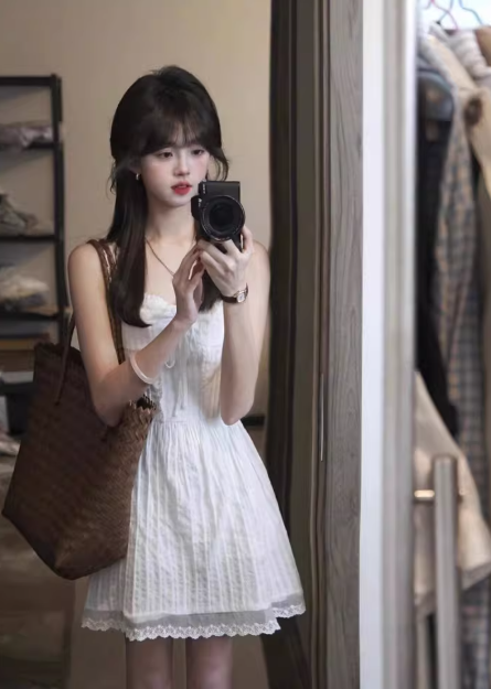 French-style white lace camisole fitted short dress C7030