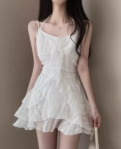 Ruffled halter top French chic A-line short dress C7031
