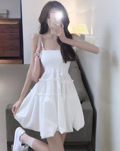 French princess dress, chic white spaghetti strap short dress C7032