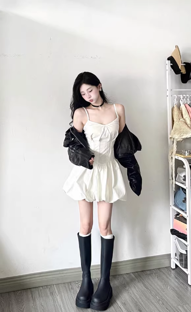 French style white halter-neck tulip short dress C7038