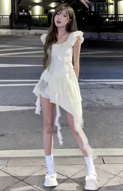 Robe courte asymétrique à volants, idéale pour une pause thé à la française, nouvelle robe courte d'été C7046