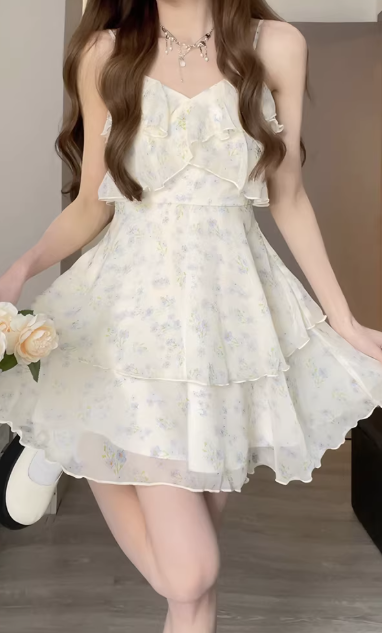 Gentle Ruffled Floral Print Dress 2026 New Style Suspender Summer Short Dress C7050