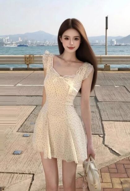 A-line polka dot lace-trimmed spaghetti strap mini dress with a stylish design short dress C7054