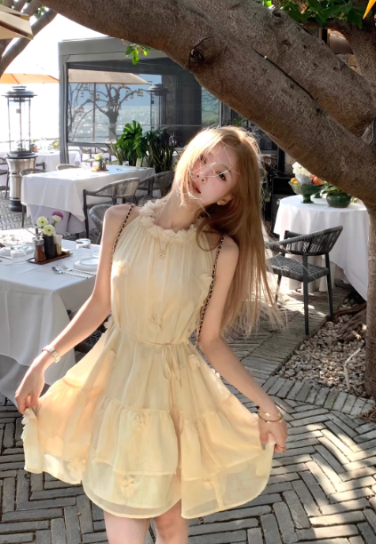 Creamy yellow halter neck dress, French style tulle short dress C7057