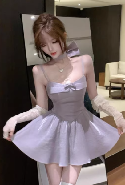 Sweet and slimming purple halter-neck dress with bow short dress C7060