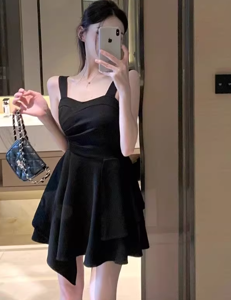 New summer suspender dress, pleated, elegant sleeveless A-line short dress C7064