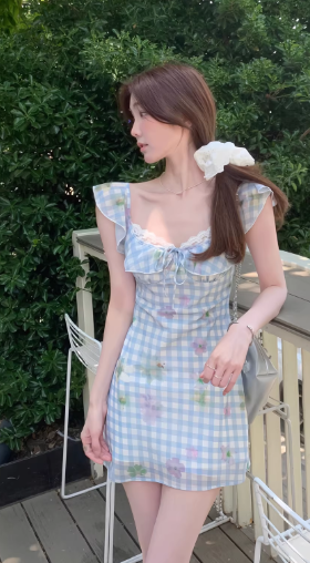 New French-style plaid suspender short dress C7065